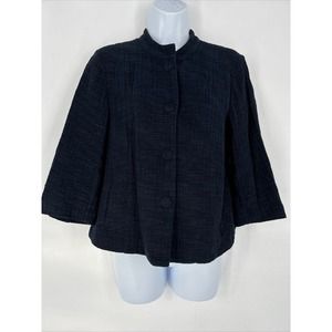 ELIEEN FISHER COTTON BLUE Black SNAP‎ FRONT BLAZER JACKET Sz XS